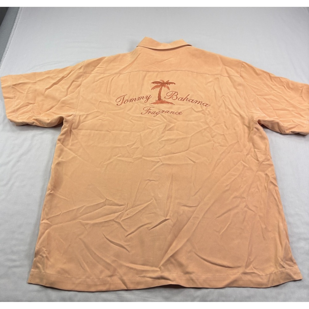 Tommy Bahama‎ Hawaiian Shirt Mens Large Orange Silk Embroidered Camp Beach